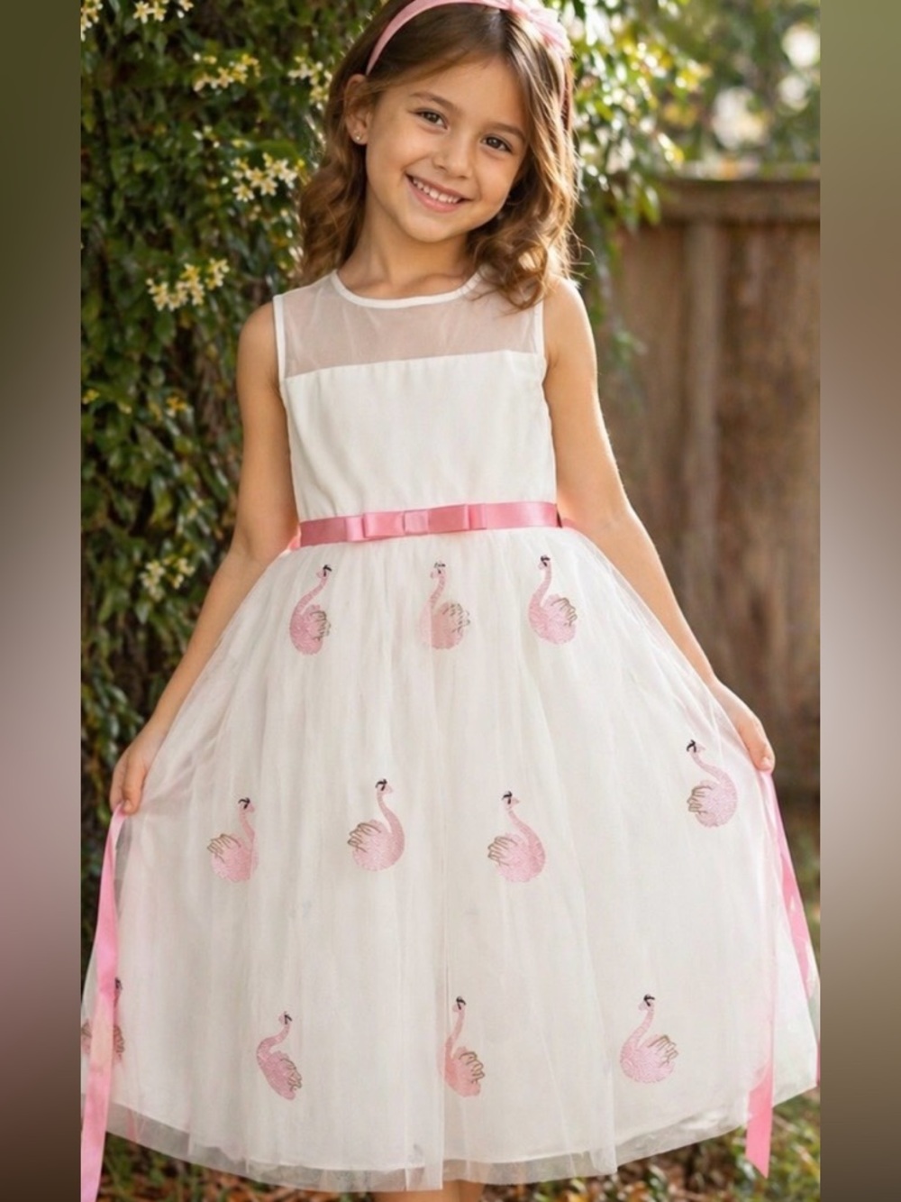 White & Pink Swan Tulle Girls Dress with Satin Bow